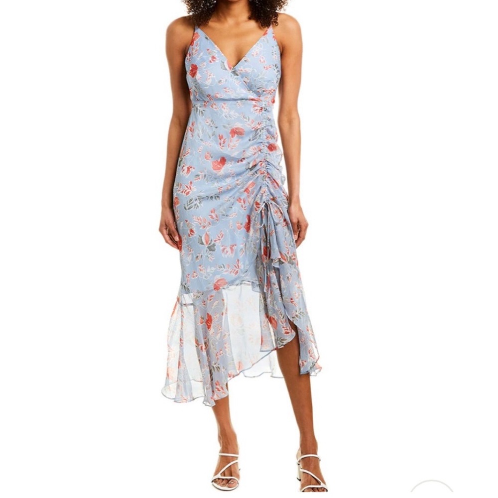ASTR Mariah Floral Midi Dress Blue Large Ruched V-Neck Sleeveless Straps Sexy